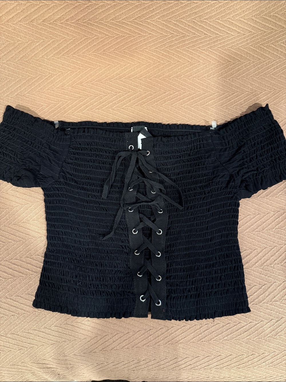 Windsor Black Off-Shoulder Lace-Up Smocked Crop Top stretchy elasticized